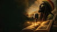 A glowing archival book and vintage microphone in a reggae studio